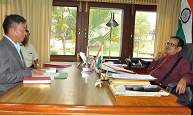H.E. Governor with Secretary Sports and Youth Affairs Shri Dani Salu and Director Sports Shri Tadar Appa discussing on �Governor Trophies� for State level games and sports competitions, at Raj Bhavan, Itanagar on 8th April 2016.